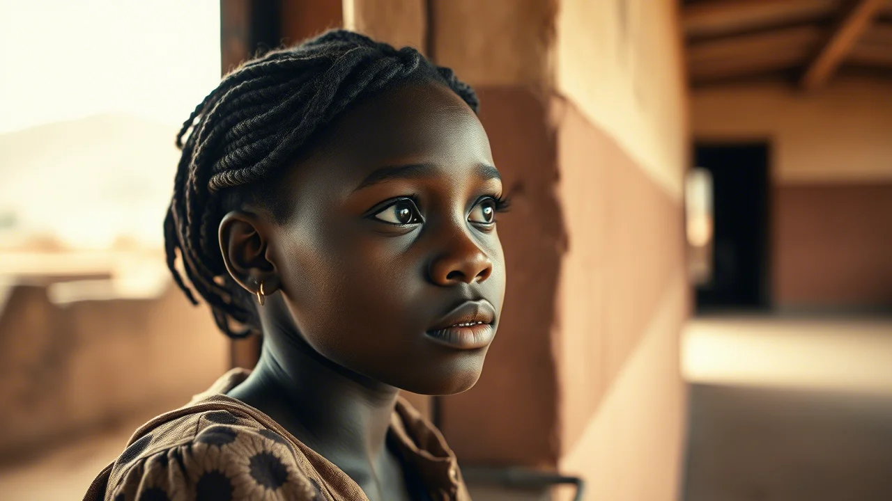Ritratto fotografico di una giovane donna del Lesotho che guarda pensierosa fuori da una finestra di una scuola rurale, luce naturale morbida, obiettivo 35mm, profondità di campo che sfoca leggermente lo sfondo, toni caldi e terrosi duotone.