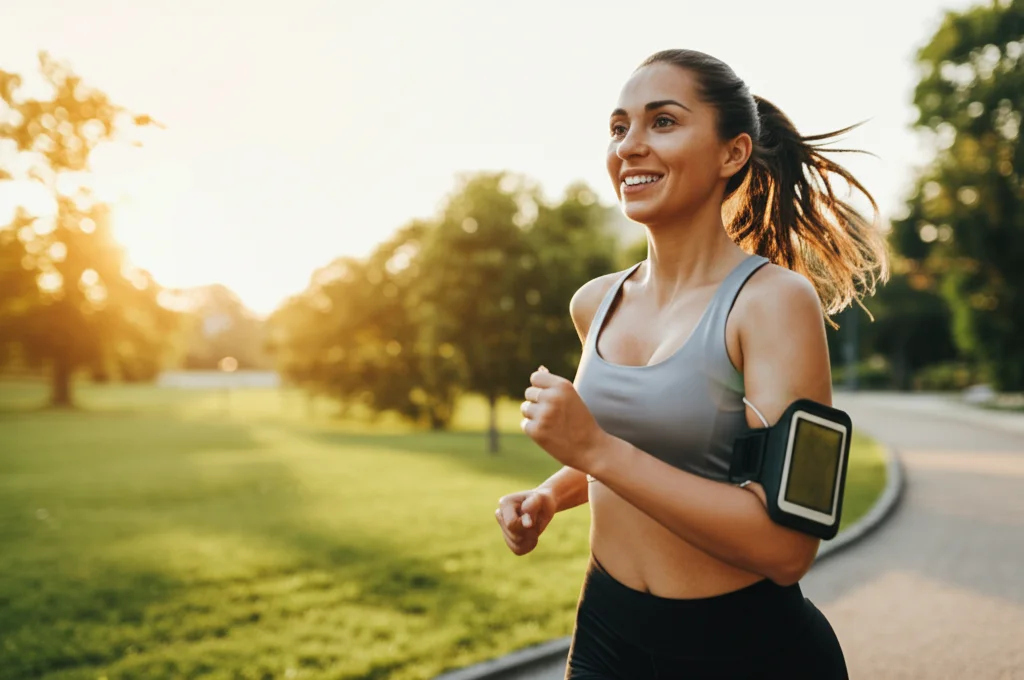 Fotografia di una donna di 40 anni con diabete di tipo 1 (sensore isCGM visibile sul braccio) che sorride mentre fa jogging in un parco al tramonto, teleobiettivo 200mm, fast shutter speed per catturare il movimento, luce dorata.