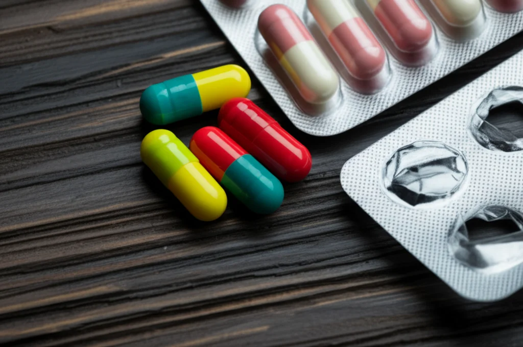 Macro fotografia di diverse pillole colorate e capsule sparse vicino a un blister aperto su un tavolo di legno scuro. Illuminazione controllata dall'alto per evidenziare texture e dettagli, obiettivo macro 100mm, messa a fuoco precisa su una pillola specifica.