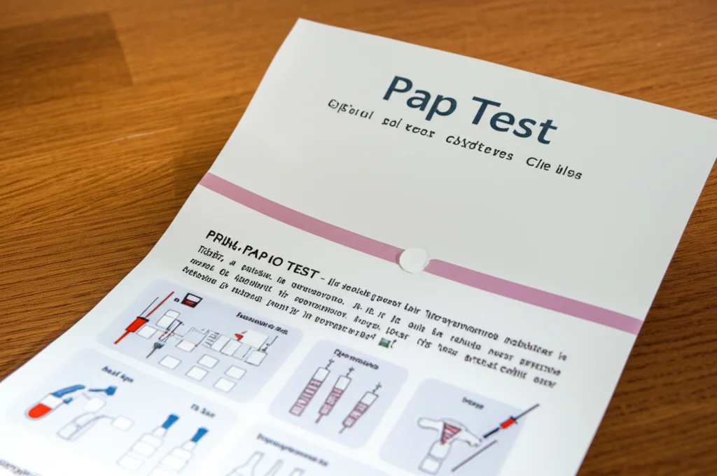 Primo piano macro di un opuscolo informativo sul Pap test aperto su un banco di scuola in legno, illuminazione laterale controllata che evidenzia la texture della carta, obiettivo macro 85mm, alta definizione dei dettagli del testo e delle illustrazioni mediche.