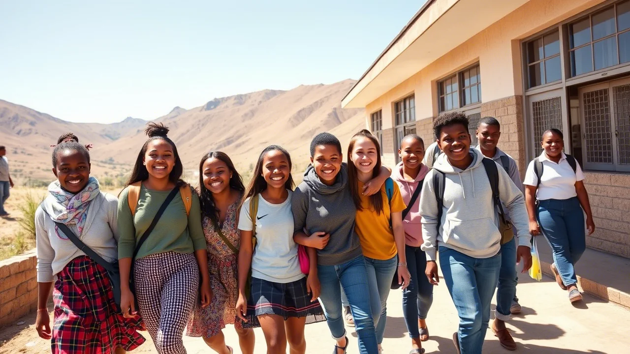 Foto grandangolare di un gruppo di studentesse adolescenti del Lesotho che camminano insieme sorridenti fuori da un edificio scolastico, paesaggio montuoso sullo sfondo, obiettivo grandangolare 18mm, luce solare diretta, messa a fuoco nitida sull'intero gruppo e sul contesto.