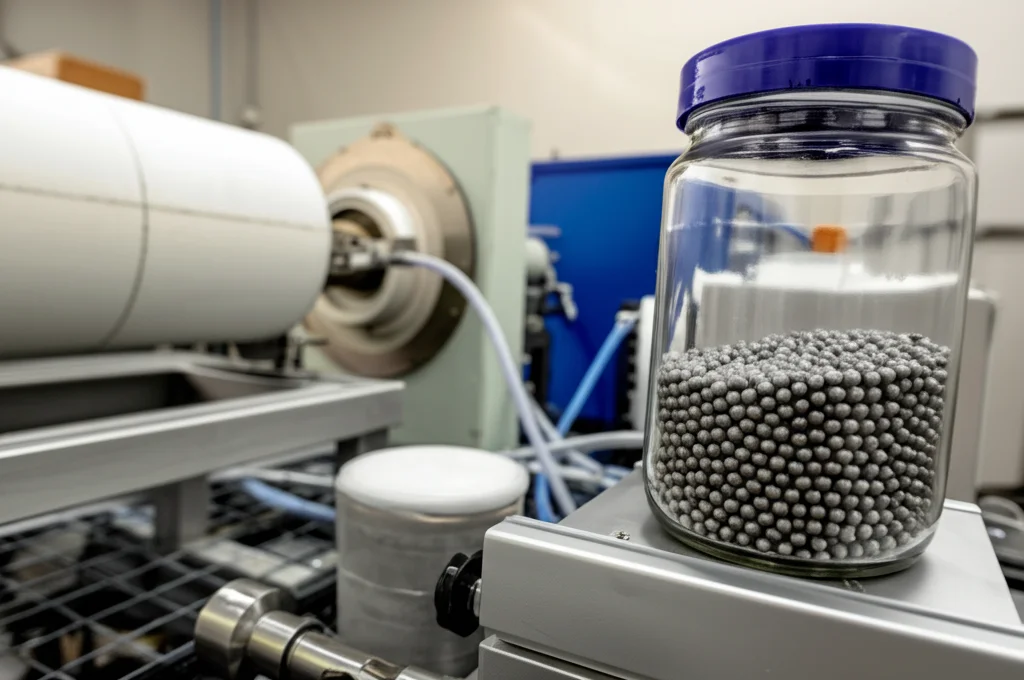 Immagine di un laboratorio di metallurgia delle polveri. In primo piano, un barattolo per il ball milling con sfere e polveri visibili. Sullo sfondo, un forno tubolare per la sinterizzazione con atmosfera controllata. Obiettivo zoom 50mm, illuminazione da laboratorio controllata, alta definizione dei dettagli delle attrezzature.