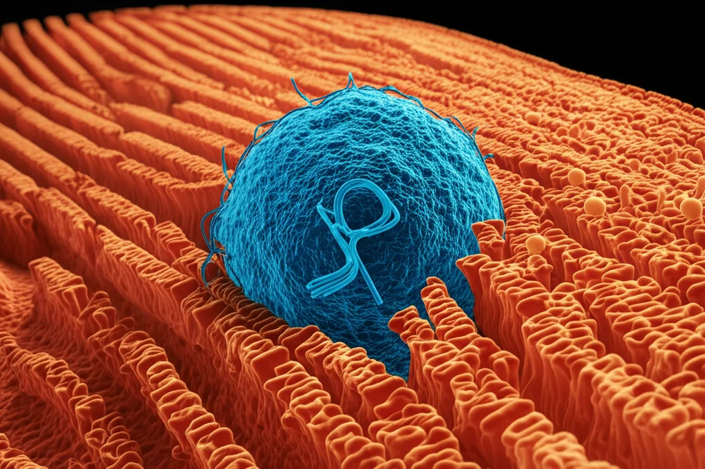Schema fotorealistico del processo di vesiduzione nei Mollicutes. Una cellula batterica di Mycoplasma rilascia una vescicola extracellulare (EV) contenente un plasmide (DNA circolare). La EV viaggia e si fonde con la membrana di un'altra cellula batterica ricevente, rilasciando il plasmide al suo interno. Dettaglio elevato delle membrane e del plasmide. Obiettivo macro 60mm, illuminazione controllata.