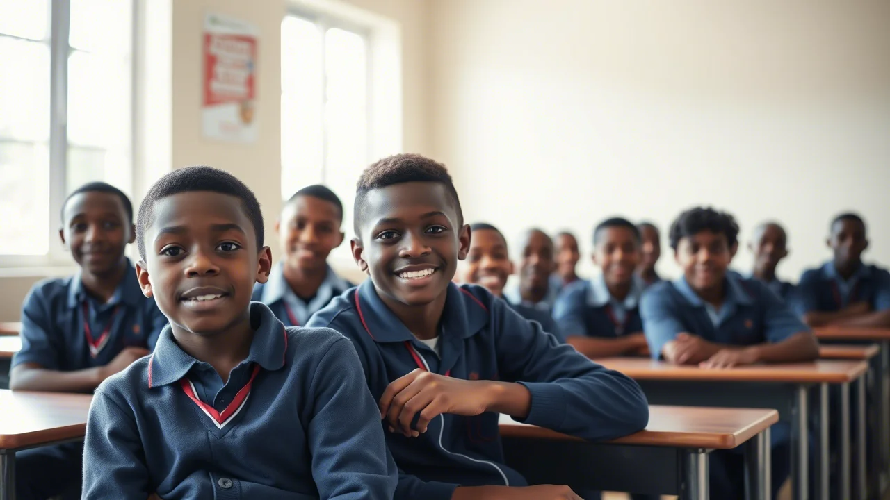 Fotografia realistica di un gruppo di adolescenti maschi sudafricani in uniforme scolastica, seduti in un'aula luminosa, che discutono animatamente ma in modo costruttivo durante una sessione del programma. Obiettivo prime 35mm, profondità di campo per mettere a fuoco i ragazzi in primo piano, luce naturale dalla finestra che crea un'atmosfera positiva.