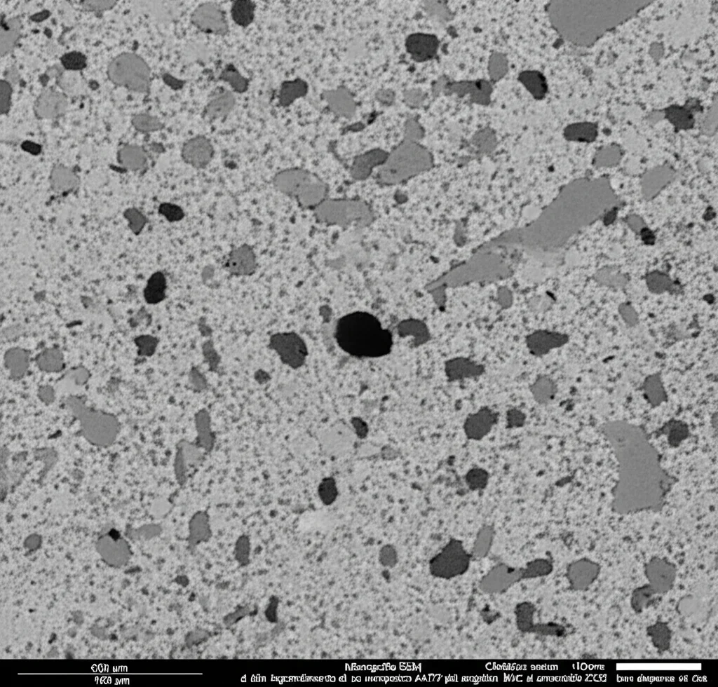 Micrografia SEM ad alto ingrandimento di un composito AA7075/B4C/ZrO2. Obiettivo macro 100mm, alta definizione, illuminazione controllata. Si vedono chiaramente le particelle di rinforzo (più scure, angolari B4C e più arrotondate ZrO2) ben disperse nella matrice metallica (più chiara). In una zona si nota un piccolo poro (area nera irregolare).