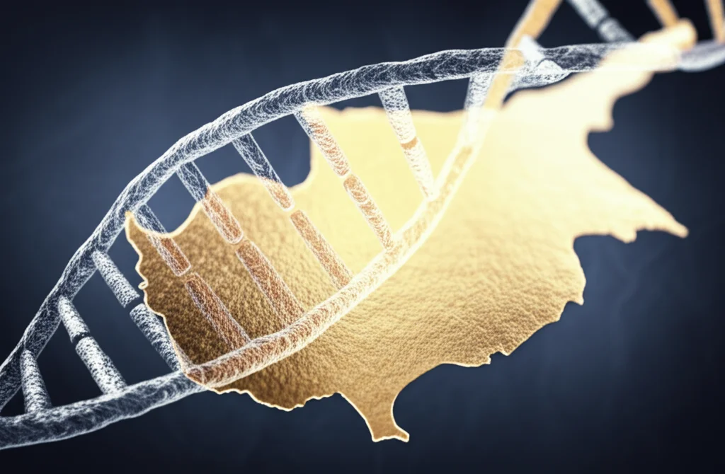 Visualizzazione astratta di una doppia elica di DNA con focus su specifiche sequenze geniche all'interno di una mappa stilizzata di Cipro, illuminazione controllata, lente macro 90mm, alta definizione dei dettagli genetici, colori blu e oro duotone.