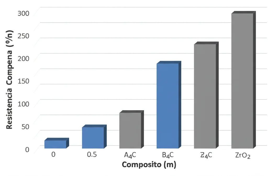 Grafico stilizzato che mostra l'aumento della resistenza a compressione e della durezza del composito AA7075 con l'aggiunta progressiva di B4C e poi di ZrO2. Le barre del grafico salgono notevolmente. Obiettivo grandangolare 24mm, grafica pulita e moderna, colori blu e grigio duotone.