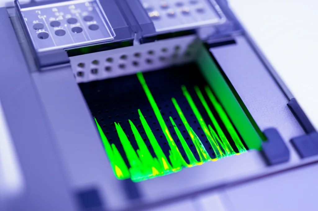 Primo piano di una piastra per elettroforesi capillare in un laboratorio genetico moderno, visualizzazione dei picchi fluorescenti dell'analisi degli STR, illuminazione precisa da laboratorio, lente macro 70mm, focus nitido sui risultati del sequenziatore genetico.