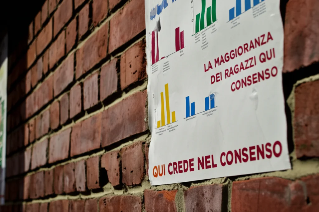Primo piano macro di un poster colorato affisso su un muro di mattoni di una scuola sudafricana. Il poster mostra grafici semplici e messaggi positivi tipo 'La maggioranza dei ragazzi qui crede nel consenso'. Obiettivo macro 100mm, alta definizione, luce laterale controllata per dare tridimensionalità al poster.