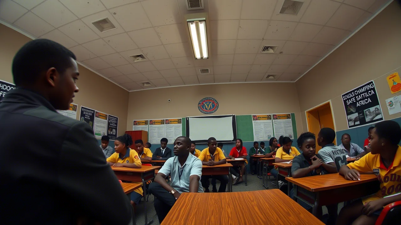 Fotografia grandangolare di un'aula scolastica sudafricana durante una pausa, con poster del programma 'Schools Championing Safe South Africa' visibili sulle pareti. Alcuni studenti chiacchierano in piccoli gruppi. Obiettivo grandangolare 10-24mm, messa a fuoco nitida su tutta la scena, luce ambientale mista, per dare un senso del contesto scolastico.