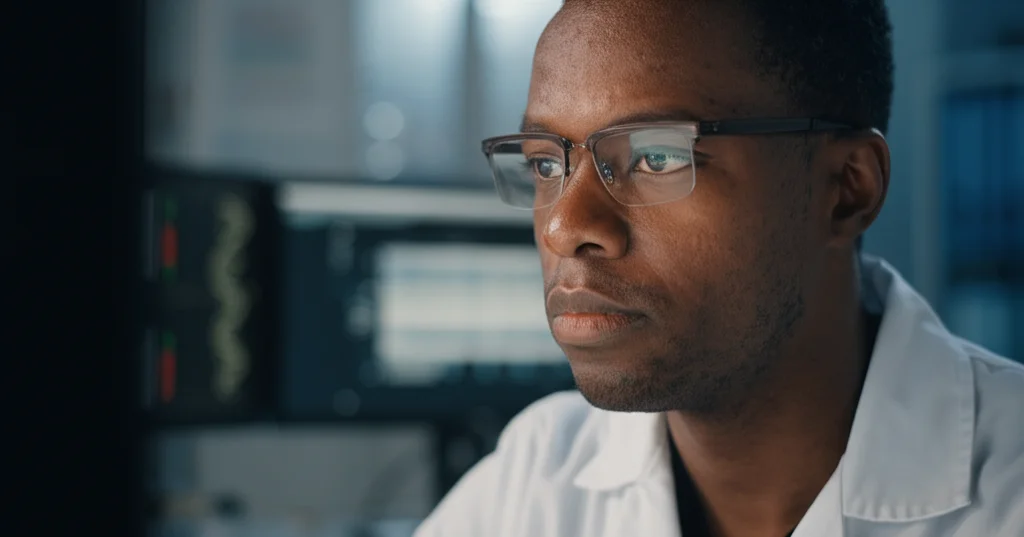 Medico genetista che esamina attentamente i risultati di un sequenziamento genetico su uno schermo di computer in un ambiente di laboratorio high-tech, profondità di campo, lente prime 50mm, illuminazione soffusa ma focalizzata sullo schermo e sul volto concentrato del medico.