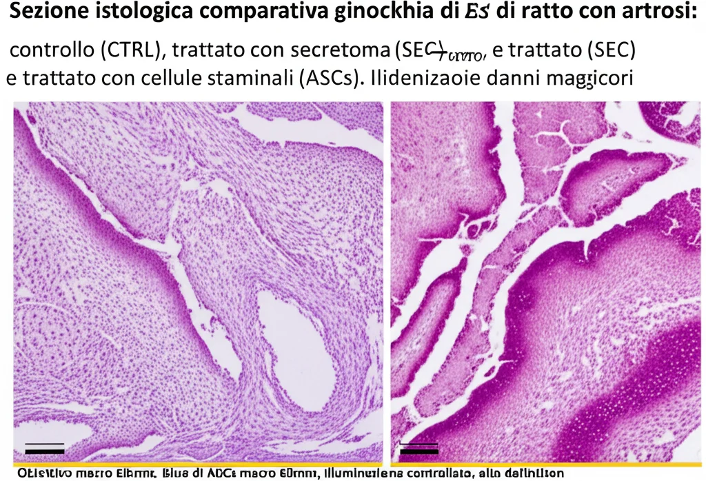 Sezione istologica comparativa di ginocchia di ratto con artrosi: controllo (CTRL), trattato con secretoma (SEC) e trattato con cellule staminali (ASCs). Evidenziazione con blu di Toluidina per i proteoglicani. Il gruppo ASCs mostra danni maggiori. Obiettivo macro 60mm, illuminazione controllata, alta definizione.