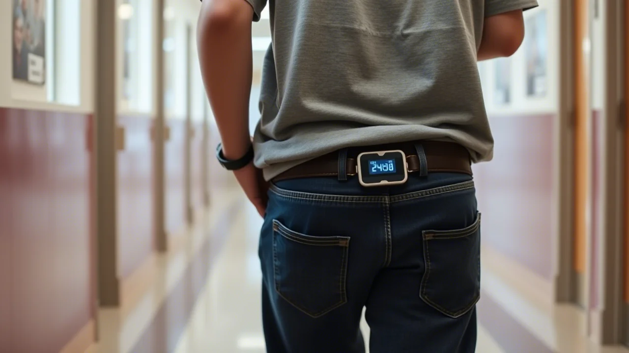 Un adolescente indossa un piccolo accelerometro alla cintura mentre cammina in un corridoio scolastico. Fotografia documentaristica, obiettivo 50mm, luce naturale dalla finestra, messa a fuoco precisa sul dispositivo.
