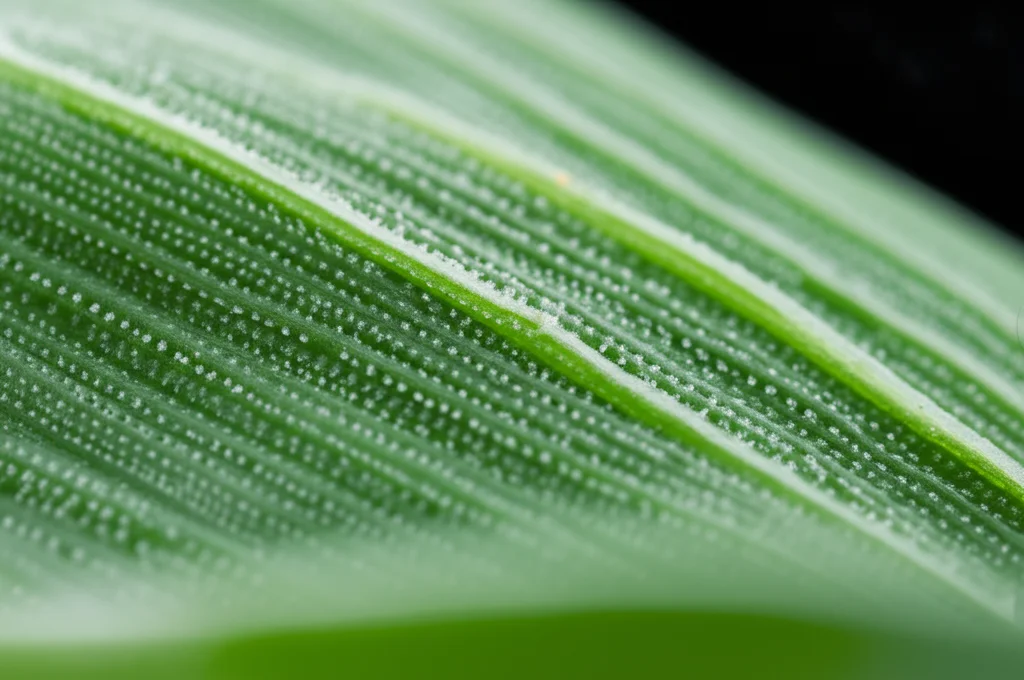 Immagine macro di una foglia di bermudagrass 'Guanzhong' resistente alla siccità, che mostra chiaramente i tricomi epidermici e le papille silicee sulla superficie. Macro lens, 100mm, high detail, precise focusing, luce laterale per evidenziare la texture tridimensionale della foglia.