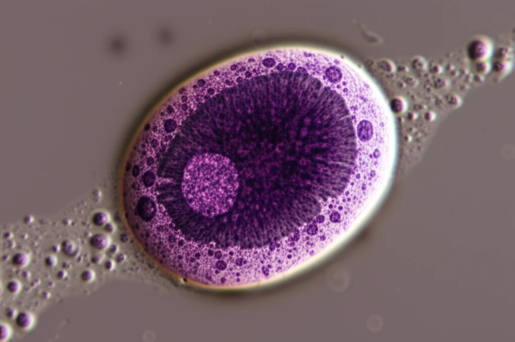 Microfotografia ad alta risoluzione di una blastocisti suina in vitro, illuminazione controllata, lente macro 100mm, focus preciso sulle cellule del trofectoderma (strato esterno) e sulla massa cellulare interna, mostrando dettagli strutturali chiari e definiti.