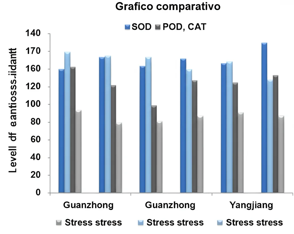 Grafico comparativo che mostra i livelli di enzimi antiossidanti (SOD, POD, CAT) nelle due cultivar di bermudagrass ('Guanzhong' e 'Yangjiang') sotto diversi livelli di stress idrico. Le barre per 'Guanzhong' sono significativamente più alte sotto stress. Stile infografica scientifica, colori chiari e leggibili.