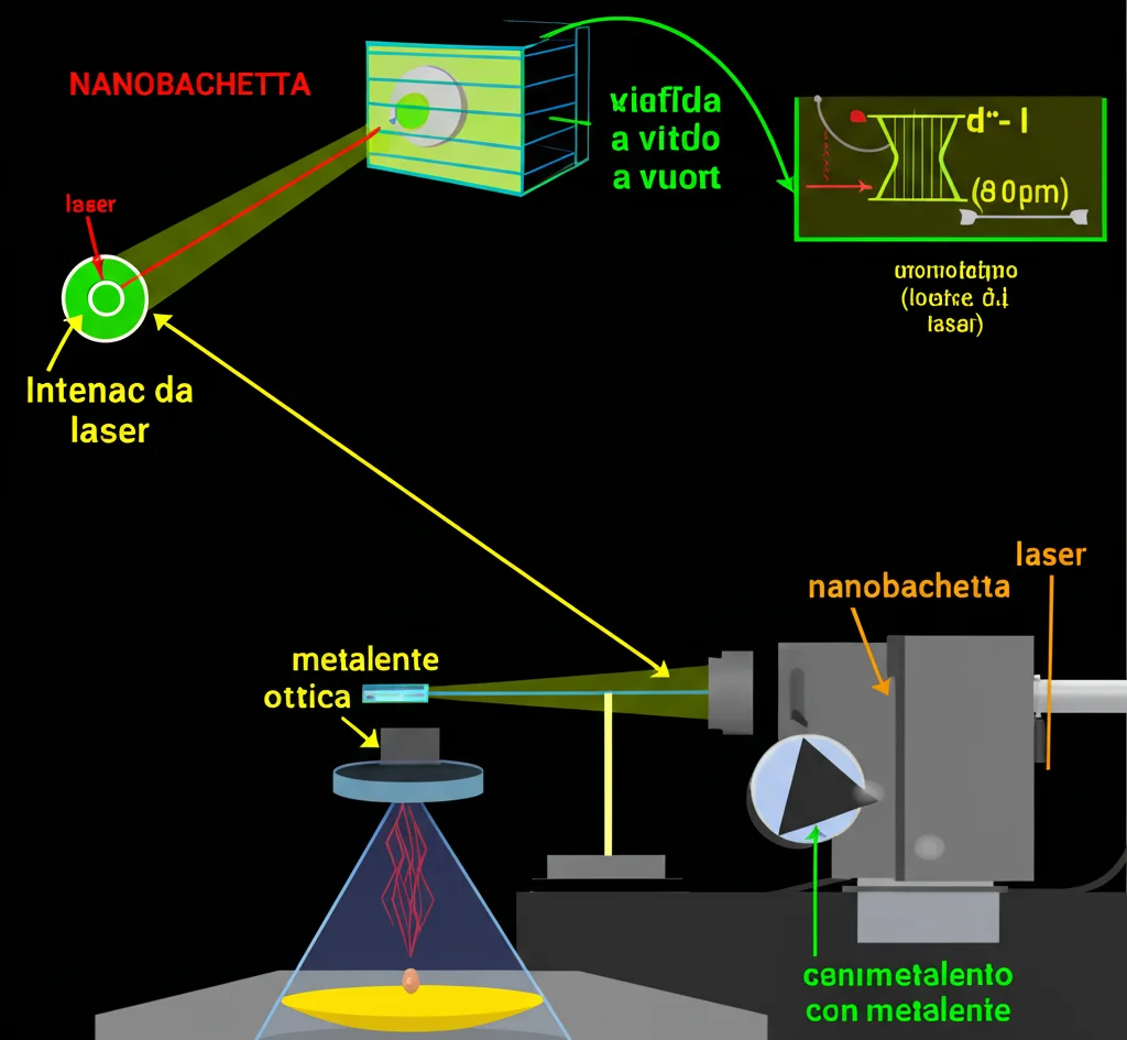 Schema del setup sperimentale per la levitazione ottica con metalente. Si vede il percorso del laser, la camera a vuoto con la metalente e la nanobacchetta levitante, e il sistema di rilevamento. Stile grafico scientifico, chiaro e dettagliato.
