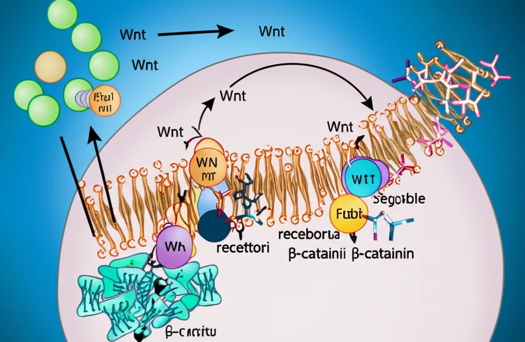 Visualizzazione schematica 3D di una cellula embrionale con la via di segnalazione Wnt/β-catenin attivata. Si vedono molecole di segnale Wnt che legano recettori sulla membrana, portando all'accumulo di β-catenin nel nucleo e all'attivazione di geni target. Colori brillanti e dettagli molecolari.