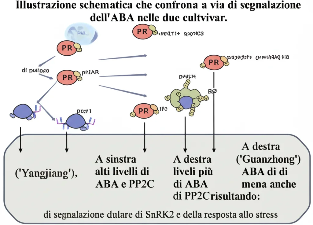 Illustrazione schematica che confronta la via di segnalazione dell'ABA nelle due cultivar. A sinistra ('Yangjiang'), alti livelli di ABA e PP2C. A destra ('Guanzhong'), livelli più bassi di ABA ma anche di PP2C, risultando in una forte attivazione di SnRK2 e della risposta allo stress. Stile diagramma scientifico chiaro, con molecole stilizzate.