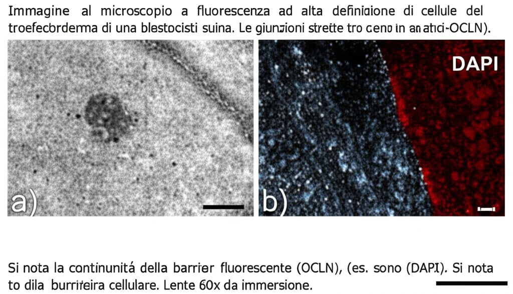 Immagine al microscopio a fluorescenza ad alta definizione di cellule del trofectoderma di una blastocisti suina. Le giunzioni strette tra le cellule sono marcate con un colorante fluorescente verde (es. anti-OCLN), i nuclei sono blu (DAPI). Si nota la continuità della barriera cellulare. Lente 60x, olio da immersione.