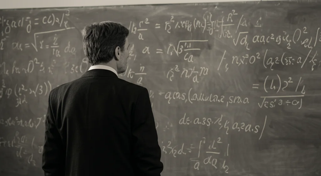 Ritratto in bianco e nero di un filosofo pensieroso, stile film noir, che contempla formule logiche scarabocchiate su una lavagna antica, obiettivo 35mm, profondità di campo accentuata, duotone seppia e grigio.