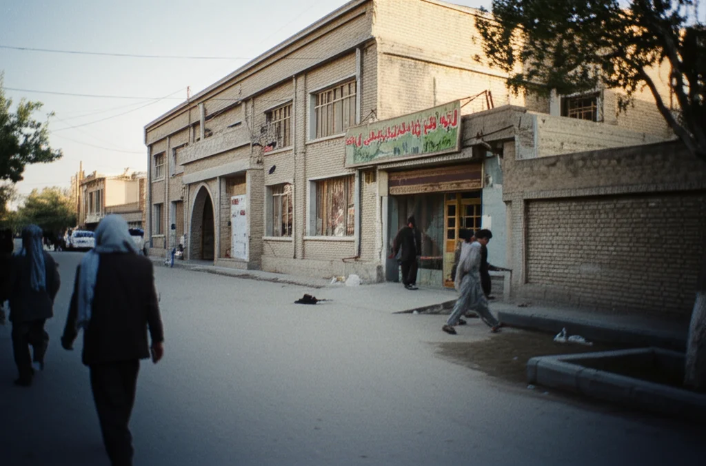 Fotografia di strada a Herat, Afghanistan. Persone che camminano vicino a un edificio che potrebbe essere un centro sanitario, luce del tardo pomeriggio. Obiettivo 35mm, profondità di campo per mettere a fuoco la scena urbana, toni leggermente desaturati.