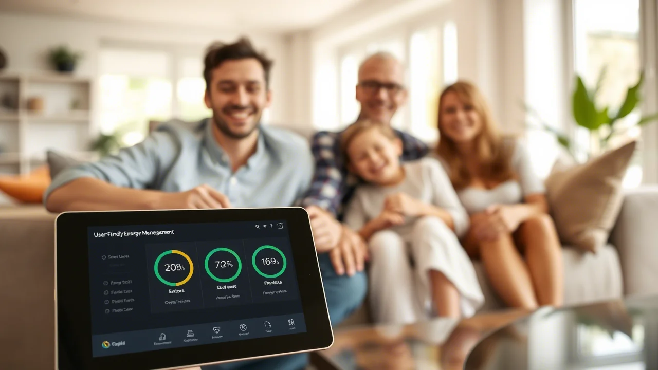 Ritratto ambientato di una famiglia sorridente nel loro soggiorno moderno e luminoso, con un tablet in primo piano che mostra un'interfaccia di gestione energetica user-friendly. Obiettivo prime 35mm, luce naturale diffusa, profondità di campo media per includere sia la famiglia che l'interfaccia tecnologica.