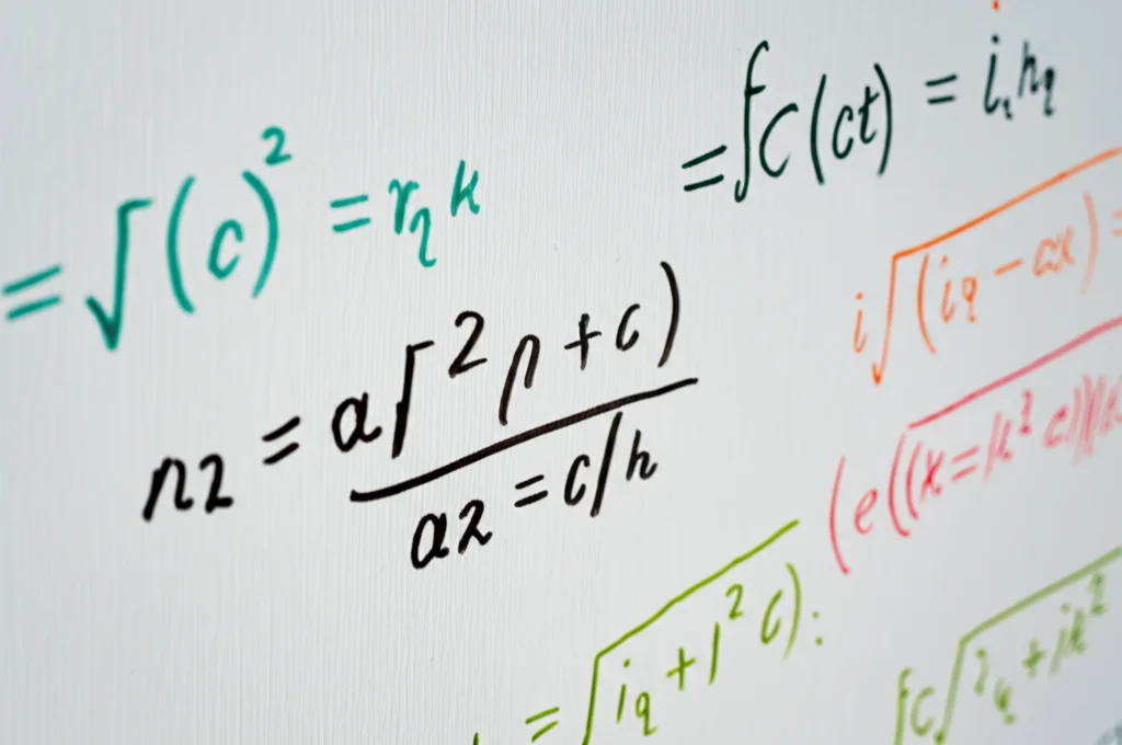 Fotografia macro di una lavagna bianca universitaria con formule complesse di algebra lineare (matrici, vettori, autovalori) scritte con pennarelli di colori diversi. Obiettivo macro 90mm, alta definizione per mostrare la texture del pennarello e le piccole imperfezioni della lavagna, illuminazione da studio controllata per evitare riflessi.