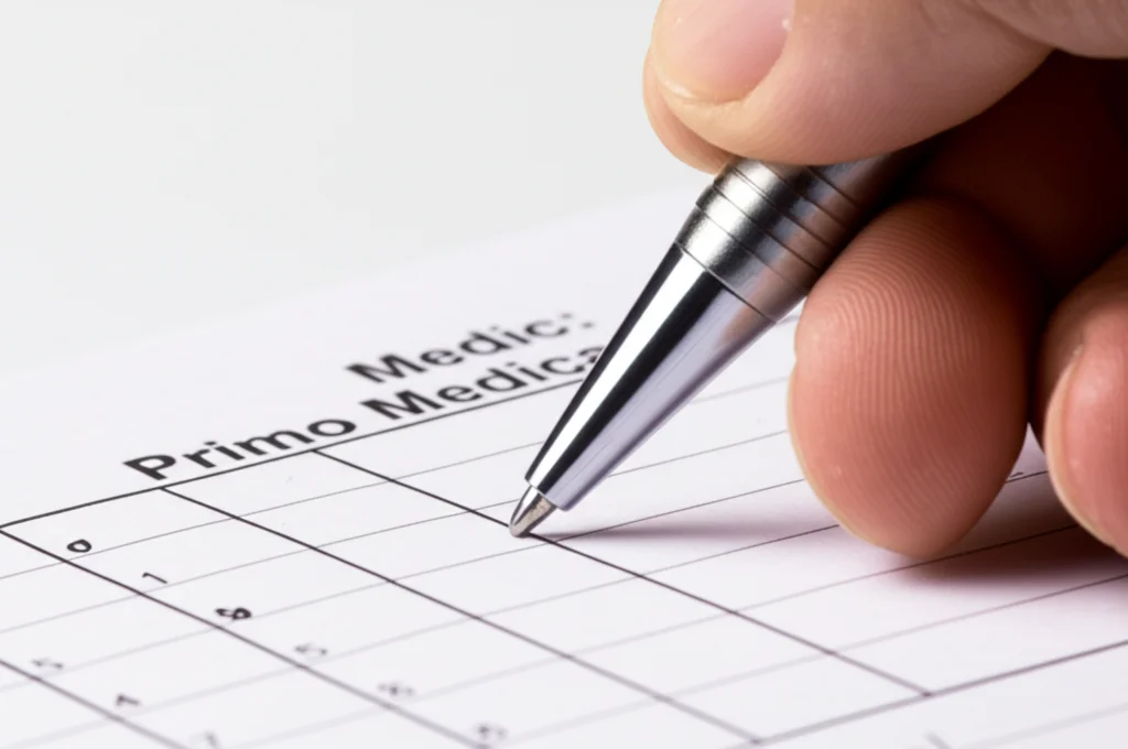 Primo piano macro di una mano che compila un questionario medico o un modulo. Luce controllata da studio, obiettivo macro 90mm, alta definizione sui dettagli della carta e della penna.