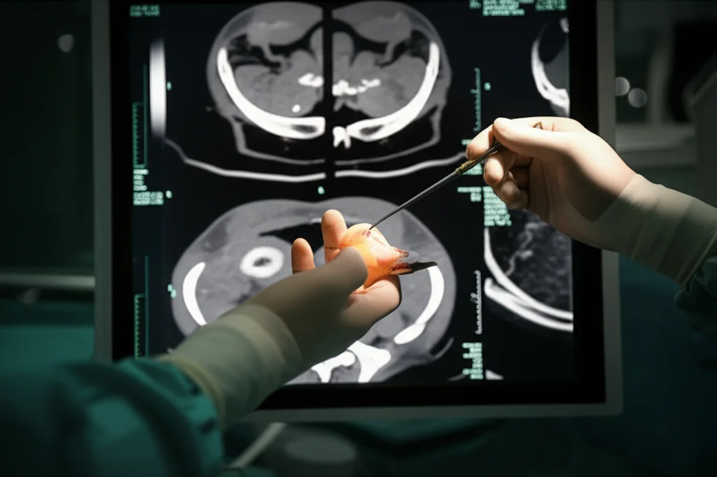 Fotografia macro di mani esperte di un chirurgo plastico che esaminano delicatamente una scansione CTA preoperatoria su uno schermo luminoso in una sala operatoria poco illuminata, messa a fuoco precisa sui dettagli vascolari, illuminazione controllata, obiettivo macro 100mm.