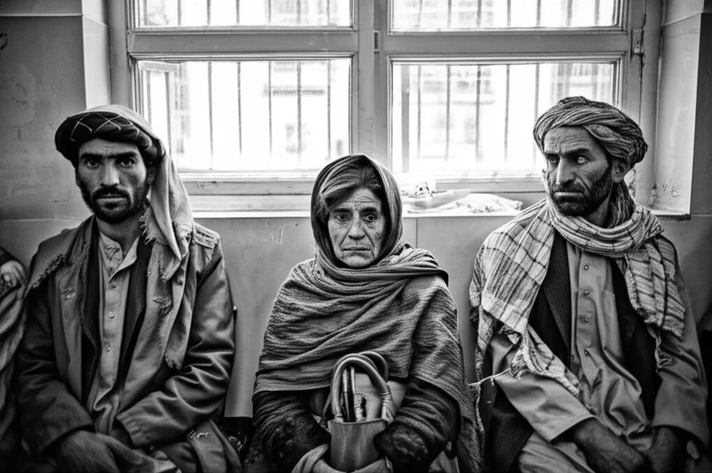 Ritratto di gruppo di persone afghane di età e genere diversi in attesa, forse in una sala d'aspetto di un centro sanitario a Herat. Obiettivo 50mm, luce naturale da finestra, profondità di campo media per mantenere diversi volti a fuoco, bianco e nero cinematografico.