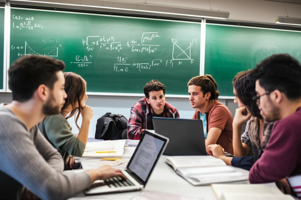 Vista grandangolare di un'aula universitaria durante una pausa. Alcuni studenti discutono animatamente attorno a un tavolo con appunti e laptop aperti, altri consultano libri di testo. Lavagna sullo sfondo con formule matematiche. Obiettivo 18mm, luce ambientale mista (naturale e artificiale), messa a fuoco nitida per catturare l'atmosfera collaborativa.