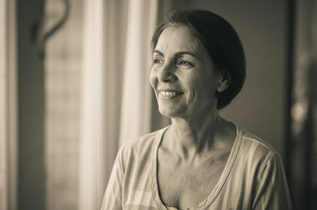Ritratto a 35mm di una donna egiziana di mezza età che sorride serenamente guardando fuori da una finestra, luce morbida del mattino, la cicatrice della ricostruzione mammaria appena visibile sotto una camicetta comoda, profondità di campo che sfoca lo sfondo, tonalità duotone calde (ambra e grigio).
