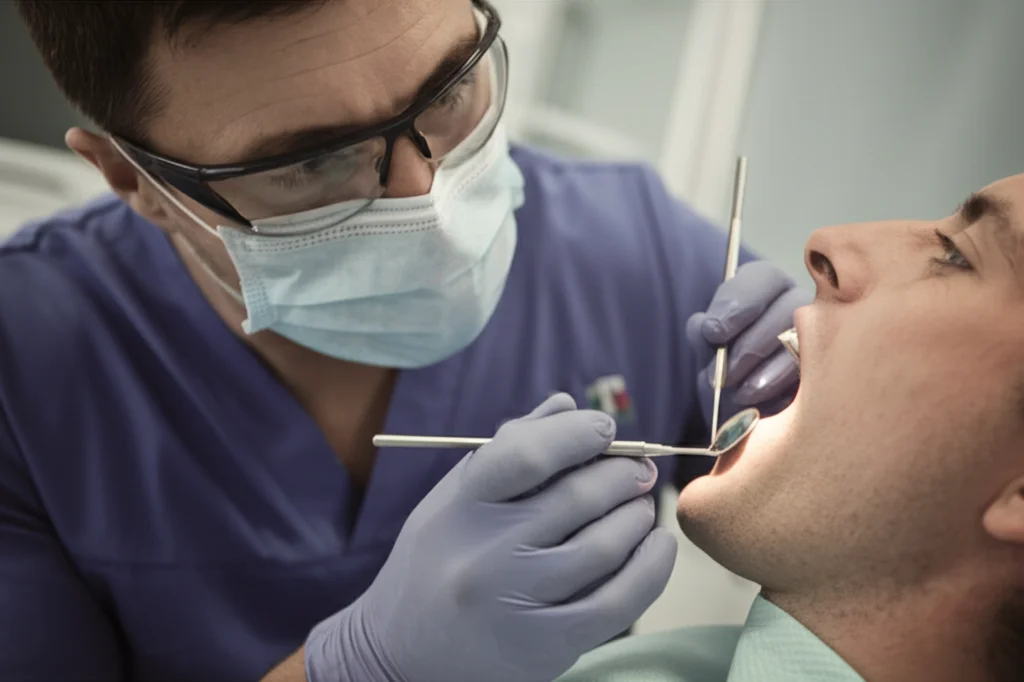 Fotografia di ritratto di un dentista sorridente che esamina attentamente le gengive di un paziente con uno specchietto e una sonda parodontale, luce soffusa da studio, profondità di campo ridotta, obiettivo 35mm, toni duotone caldi (ambra e grigio).
