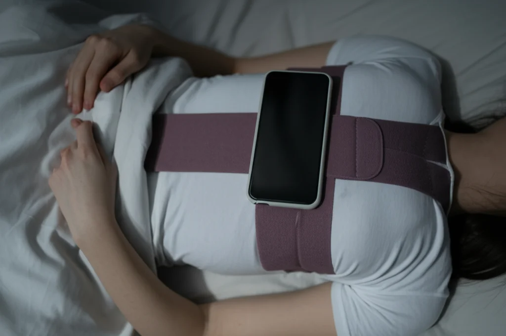 Persona che dorme a letto vista dall'alto, con uno smartphone assicurato sull'addome da una fascia elastica. La scena è illuminata da una luce notturna soffusa. Obiettivo grandangolare 24mm per catturare il contesto della camera da letto, messa a fuoco nitida sul dispositivo.