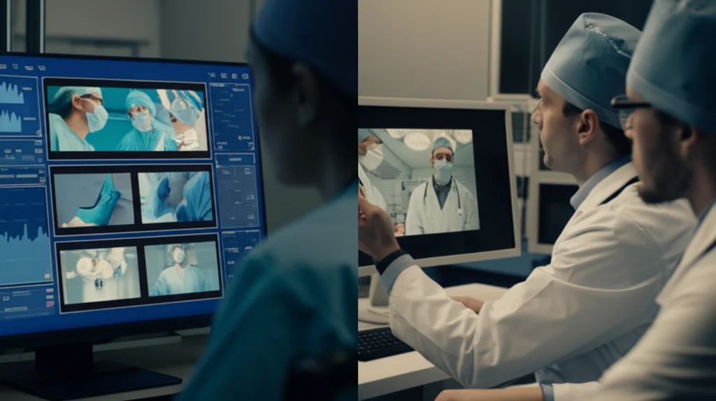 Immagine fotorealistica divisa a metà: lato sinistro mostra un'interfaccia AI focalizzata che visualizza metriche di analisi video chirurgiche; lato destro mostra due esperti medici che guardano attentamente lo stesso video su un monitor, discutendo. Obiettivo prime, 35mm, profondità di campo, colori leggermente desaturati.