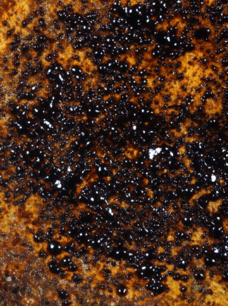 Macro fotografia, obiettivo 100mm, di un campione di roccia porosa satura di petrolio pesante scuro e viscoso, illuminazione controllata per evidenziare la texture complessa della roccia e la densità dell'olio, alta definizione, messa a fuoco precisa.