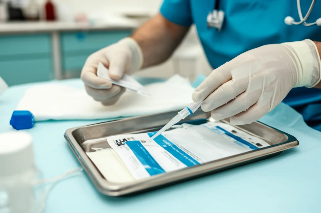 Primo piano di un infermiere che prepara con cura un kit per cateterismo intermittente pulito su un vassoio sterile in una stanza d'ospedale luminosa. Obiettivo macro 85mm, alta definizione, illuminazione controllata per enfatizzare la sterilità.