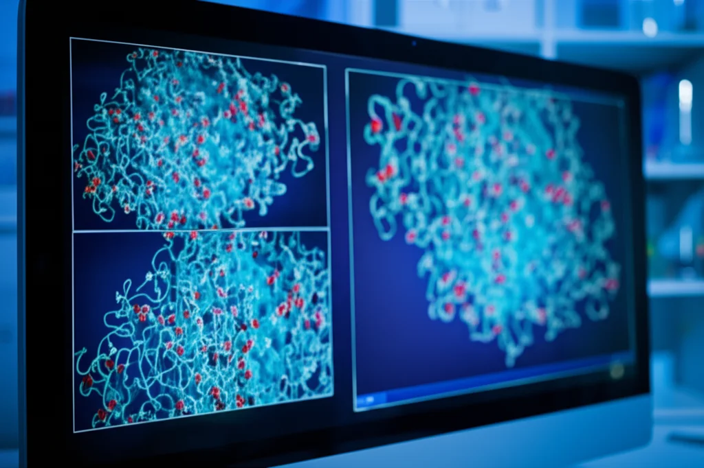 Ricerca sul cancro in laboratorio, visualizzazione di strutture molecolari 3D dei composti NAIMS su uno schermo di computer, obiettivo macro 85mm, illuminazione controllata da laboratorio, alta definizione dei dettagli molecolari.