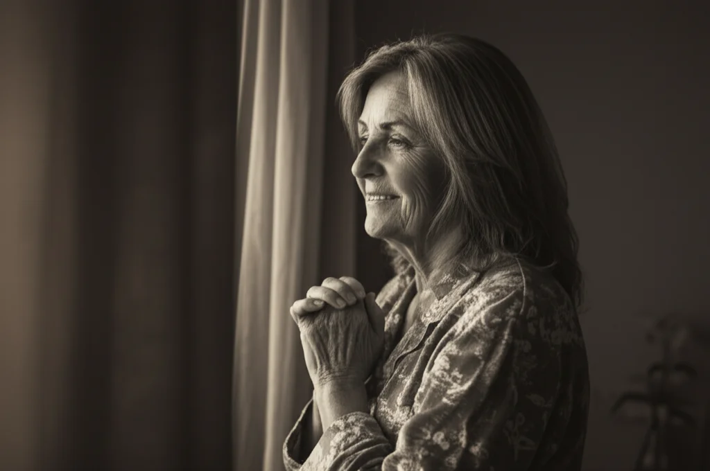 Ritratto di una donna di mezza età che sorride serenamente dopo una notte di sonno riposante, luce mattutina che entra dalla finestra. Obiettivo prime 35mm, bianco e nero con leggeri toni seppia, profondità di campo che sfoca lo sfondo.