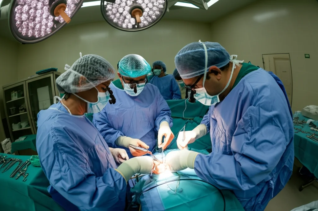 Fotografia di una sala operatoria pediatrica durante un intervento di tracheopexia, vista grandangolare 20mm, messa a fuoco nitida sugli strumenti chirurgici e sul team medico concentrato, luce ambientale morbida.