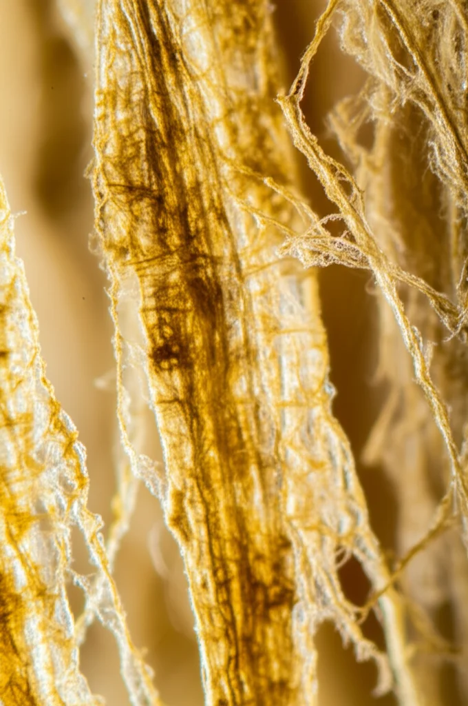 Macro fotografia di fibre di cellulosa ingiallite, che mostrano la texture dettagliata della carta antica. Obiettivo macro 100mm, illuminazione laterale controllata per evidenziare le fibre e le sfumature di colore giallo-bruno, alta definizione.