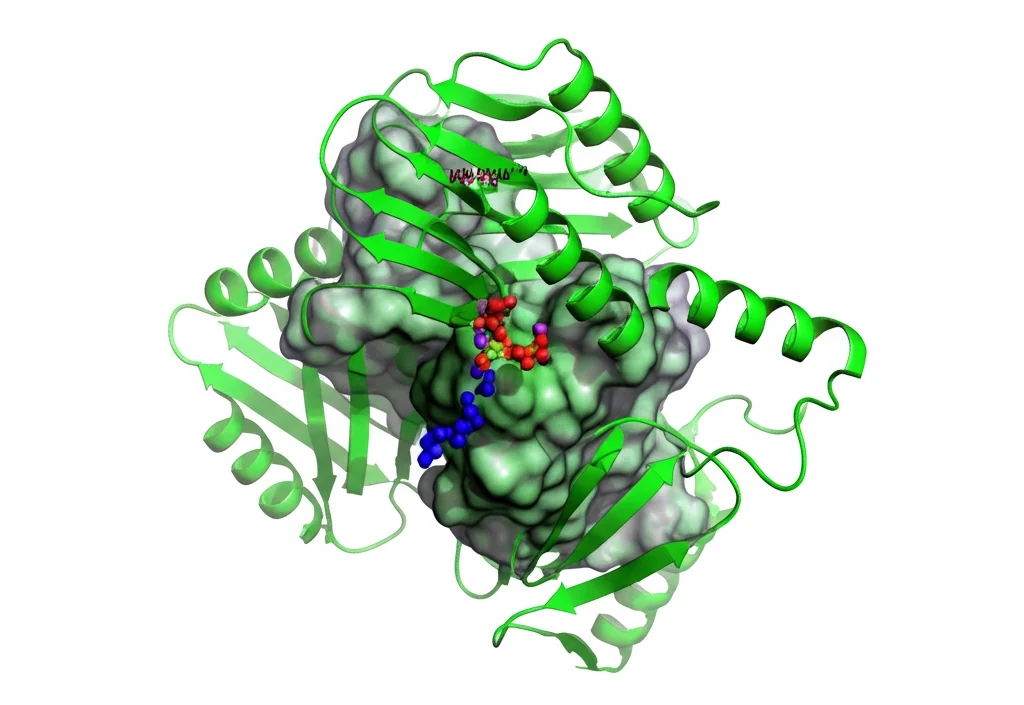 Modellazione molecolare al computer che mostra l'interazione dettagliata tra il composto 4e (verde) e il sito di legame ATP della chinasi ERK5 (PDB ID 5O7I), evidenziando legami idrogeno e interazioni π, visualizzazione 3D scientifica, focus nitido sui dettagli atomici.
