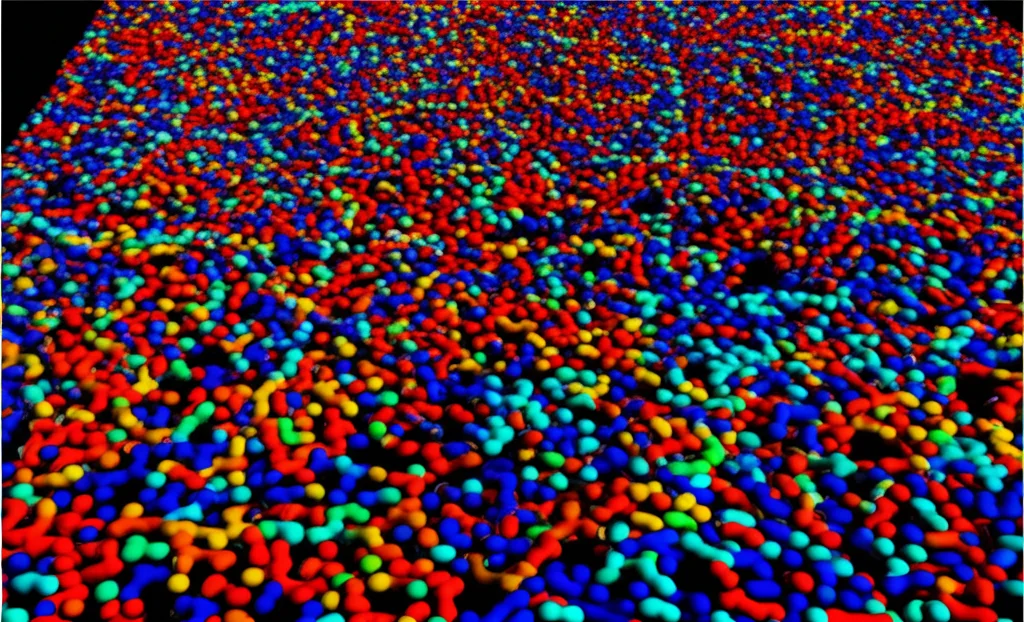 Visualizzazione 3D generata da CFD che mostra il flusso colorato di fluidi (rosso per petrolio pesante, blu per frazioni più leggere) attraverso una complessa rete di pori interconnessi di una roccia simulata, evidenziando gradienti di concentrazione e velocità.