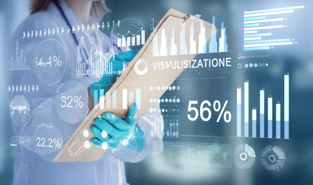 Visualizzazione astratta di dati sanitari su uno schermo digitale sfocato in background, con grafici stilizzati che mostrano percentuali. In primo piano, mani guantate che tengono una cartella clinica. Profondità di campo ridotta, obiettivo 50mm.