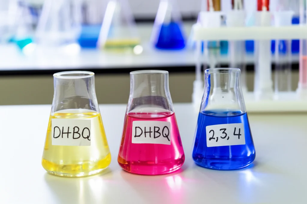 Fotografia di laboratorio still life: tre becher di vetro su un bancone da laboratorio, contenenti soluzioni colorate (giallo pallido, rosso-arancio, blu-viola) rappresentanti DHBQ e i suoi prodotti di trasformazione (2, 3, 4) in acqua a diversi pH. Obiettivo macro 80mm, messa a fuoco precisa sui liquidi e sulle etichette scritte a mano sui becher, sfondo leggermente sfocato con attrezzatura chimica (pipette, provette).