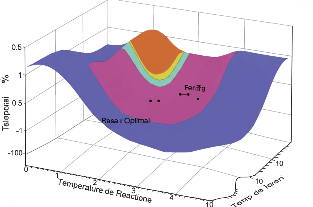 Grafico scientifico 3D che mostra la superficie di risposta risultante dall'analisi DOE, con assi che rappresentano temperatura e tempo di reazione, e l'altezza/colore che indica la resa di idrocarburi leggeri, evidenziando la regione ottimale.