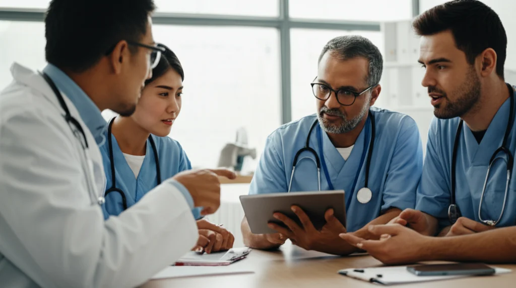 Gruppo diversificato di personale sanitario (medici, infermieri) in una riunione informale attorno a un tavolo in ospedale, discutono animatamente indicando un tablet. Luce naturale da una finestra, obiettivo 35mm, atmosfera collaborativa.