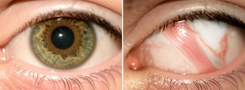 Illustrazione medica fotorealistica che mostra un confronto affiancato delle ghiandole di Meibomio in una palpebra sana (sinistra) e in una affetta da disfunzione legata a disturbi tiroidei (destra), evidenziando l'atrofia e la perdita di struttura a destra. Obiettivo macro 80mm, illuminazione precisa per evidenziare le differenze morfologiche, alto dettaglio.