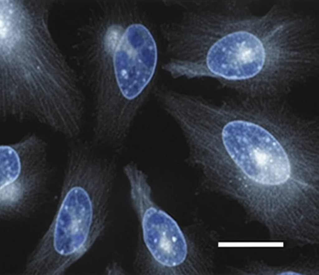 Immagine al microscopio a fluorescenza di cellule tumorali HeLa trattate con il composto 4e. Alcune cellule mostrano nuclei frammentati (colorati in blu brillante con DAPI), segno di apoptosi. Obiettivo prime 35mm, profondità di campo ridotta per focalizzare sulle cellule apoptotiche, duotone blu e nero.